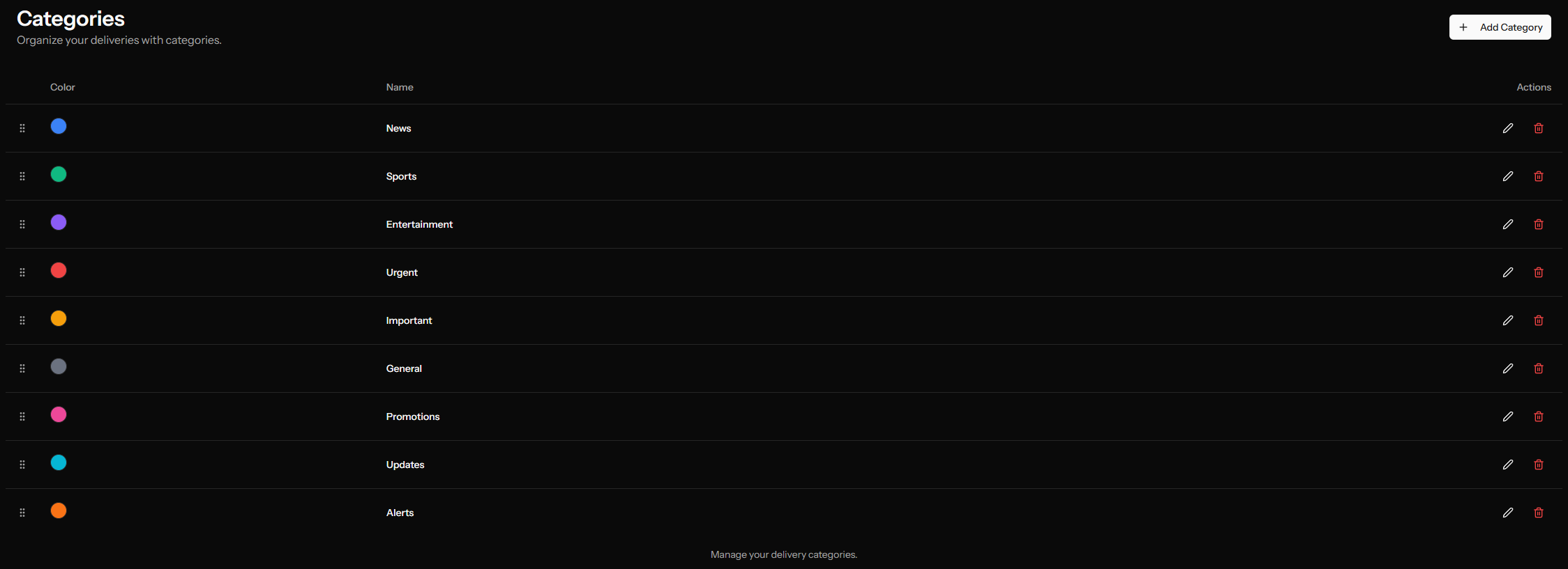 Managing notification categories and colors in the OCM Pulse dashboard