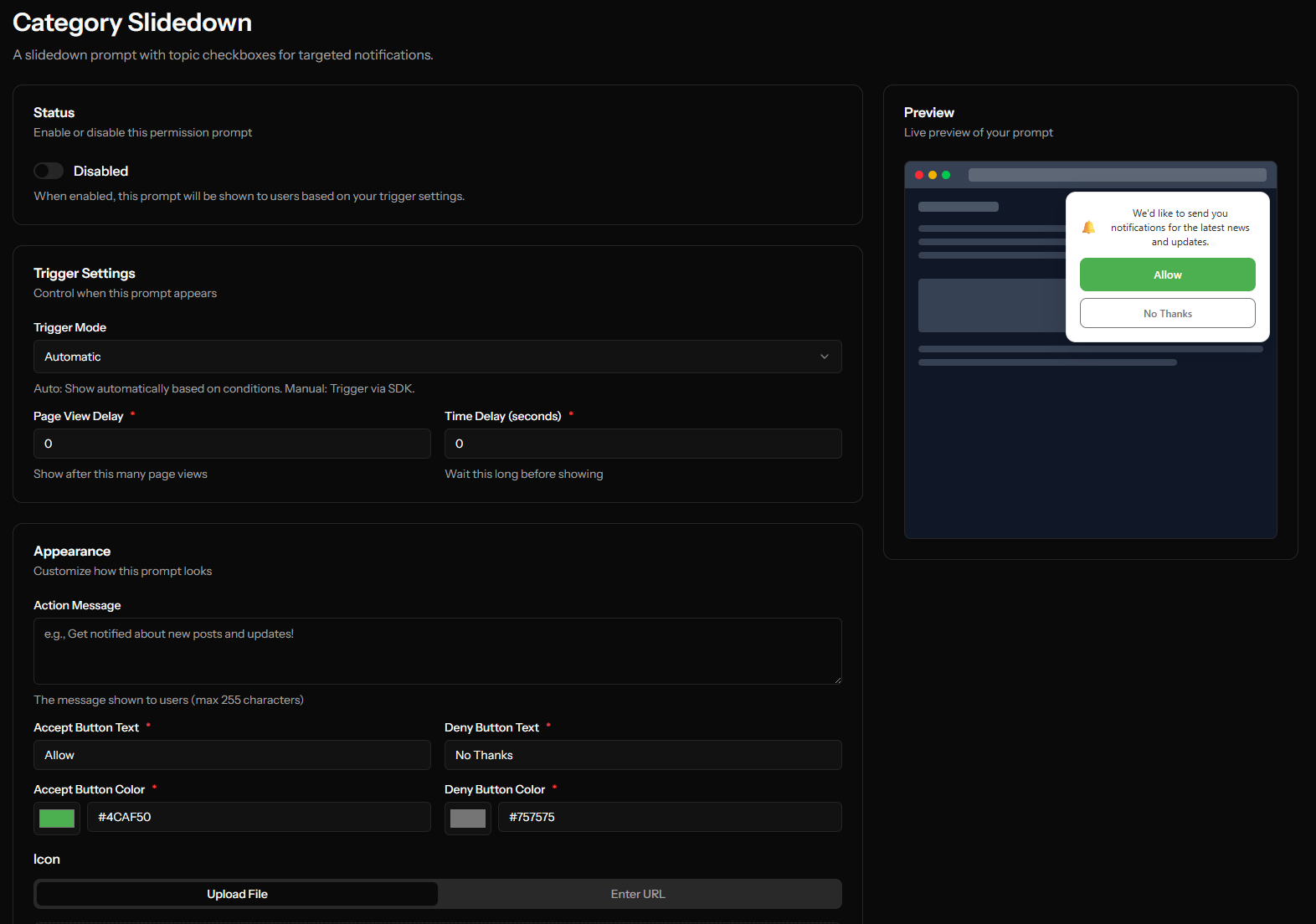 Mapping categories to the Category Slidedown prompt in OCM Pulse