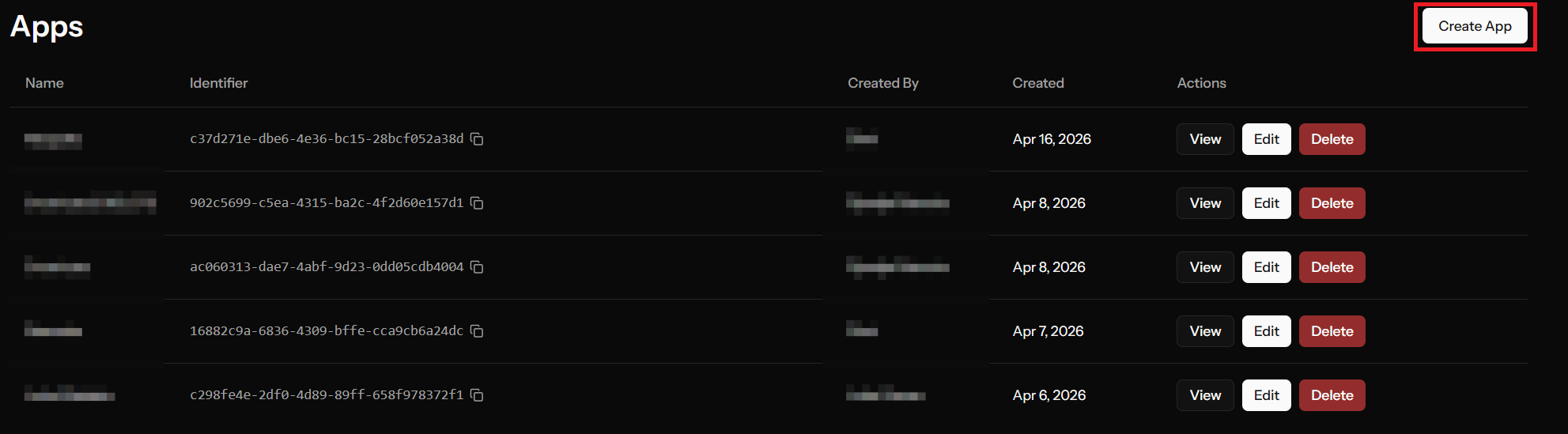 Locating the Create App button in the OCM Pulse dashboard