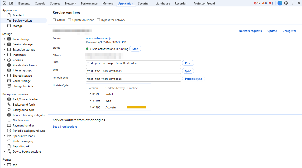 Using browser DevTools to identify the active service worker path