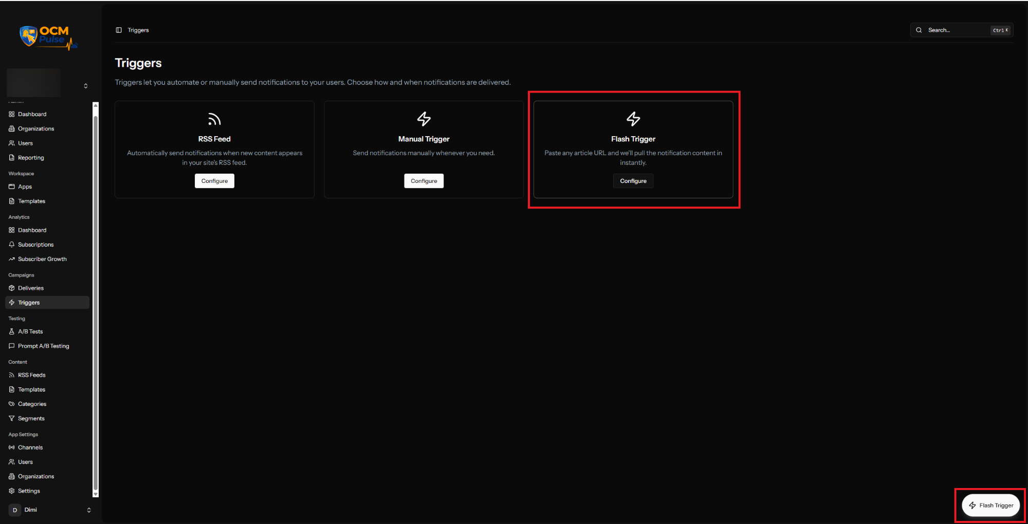Accessing Flash Trigger from the Triggers page or the floating quick-access button