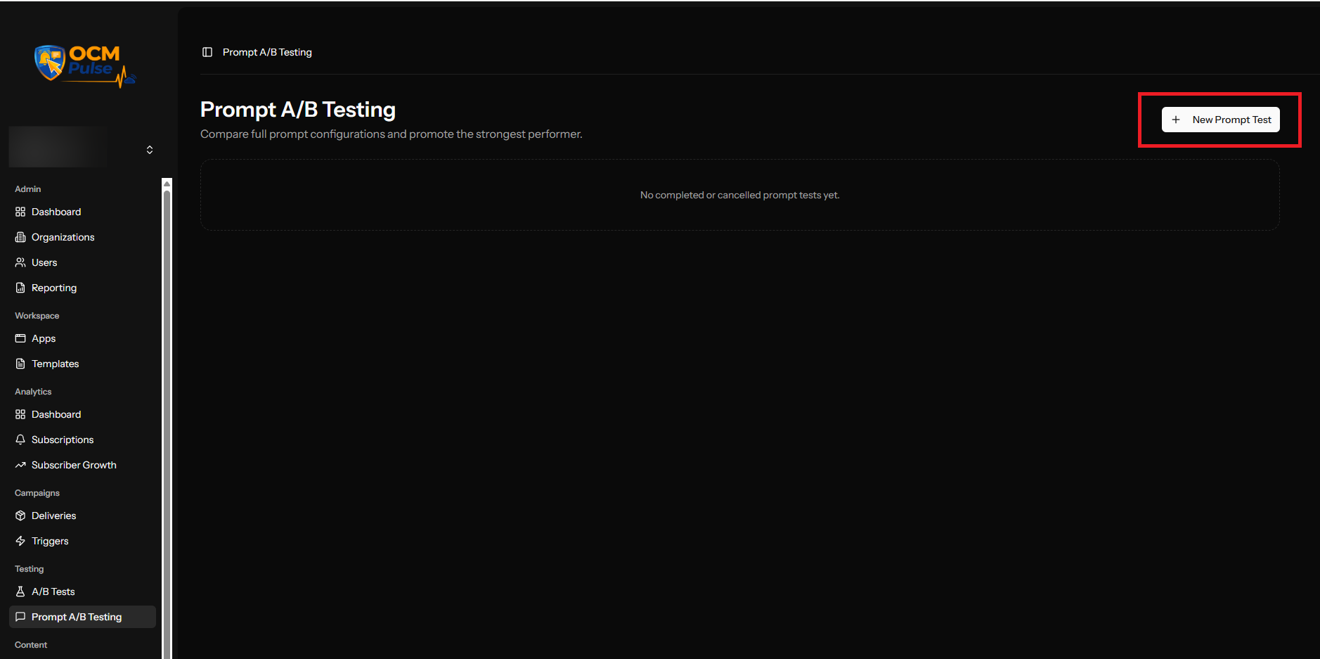 The Prompt A/B Testing list showing past tests and the New Prompt Test button