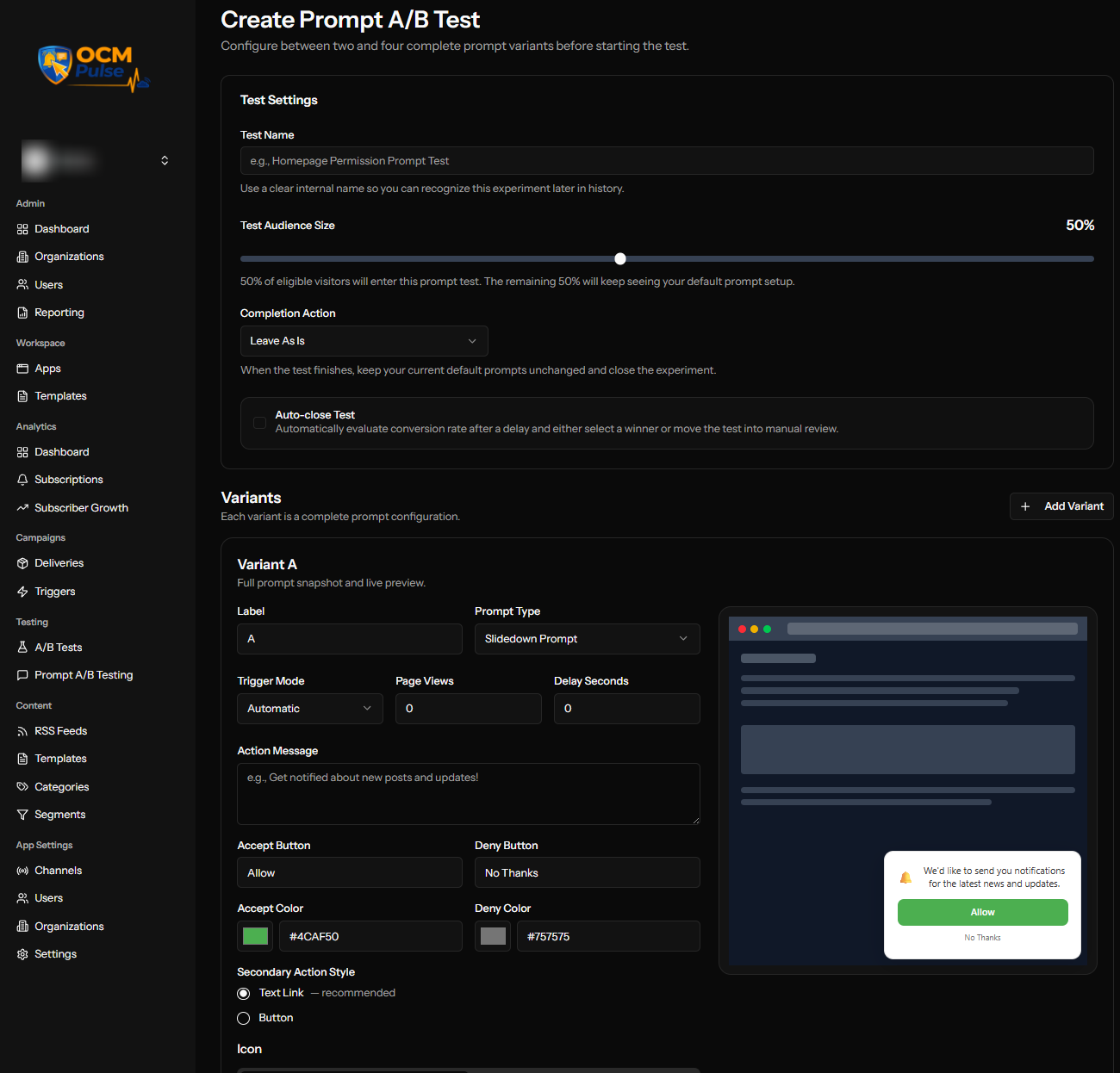 Configuring a variant's prompt type, appearance, and live preview