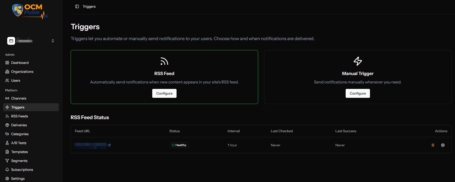 Viewing RSS trigger health status and badges in the OCM Pulse dashboard